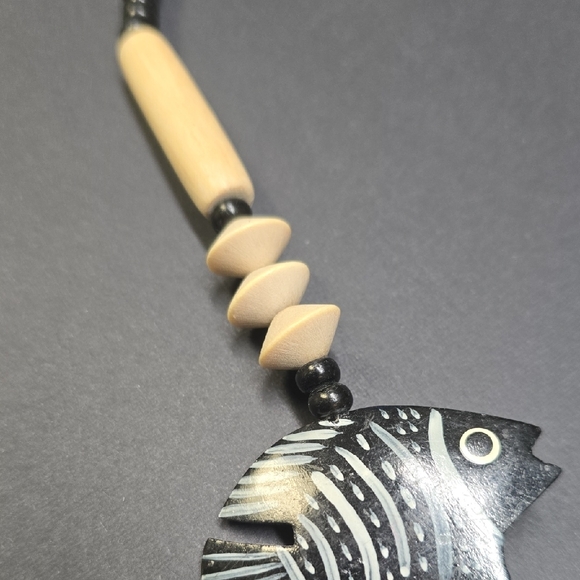 Wooden Nautical Fish Design Statement Necklace - Black and Cream - Picture 6 of 6